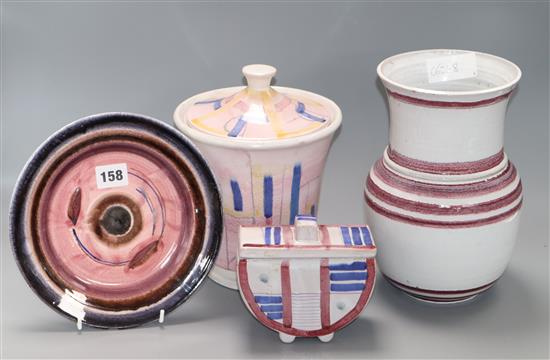 Theodor Bogler Bauhaus design, a group of three vessels and a dish, tin glazed earthenware